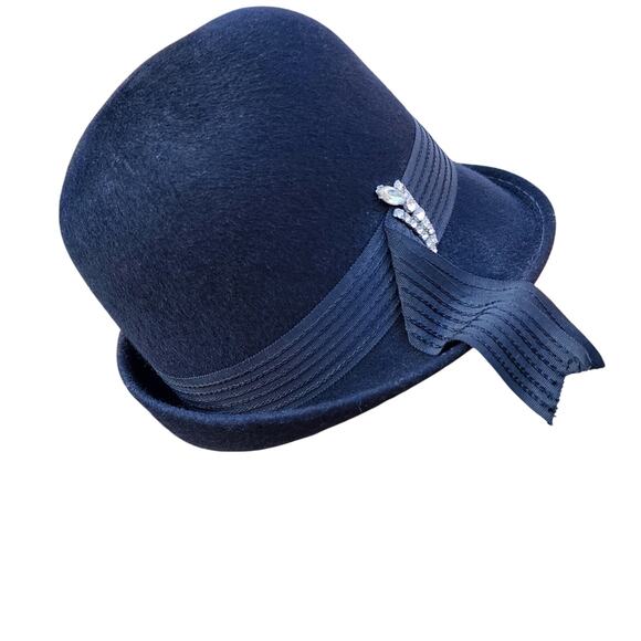 Vintage Ritz Henry Pollack Black Wool Cloche Hat Rhinestone Ribbon New York M main image 7